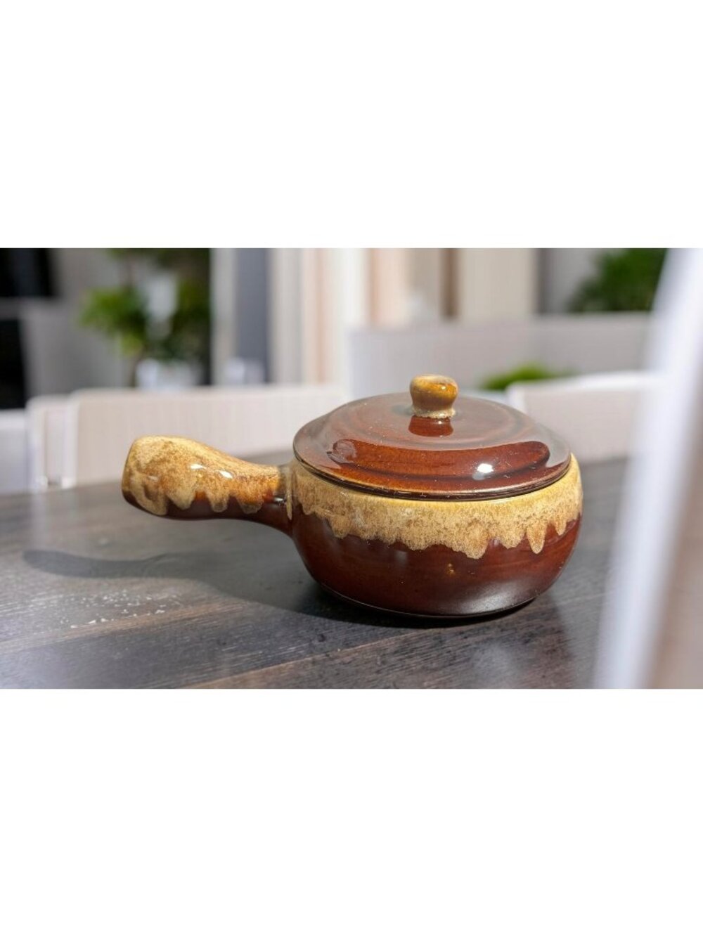 Vintage Brown & Tan Drip Glaze Ceramic Soup Bowl With Handle & Lid